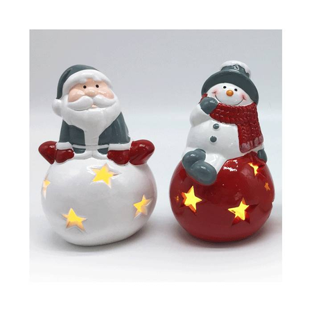 EFO Κεραμικά Αι Βασίλης Και Χιονάνθρωπος Φως LED 7.5x7.5x11.6cm Σετ 2 Τεμάχια