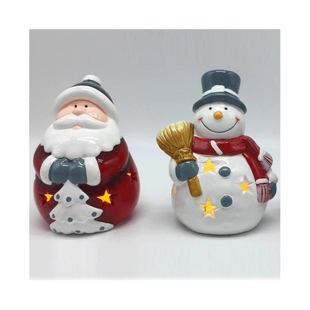 EFO Κεραμικά Αι Βασίλης Και Χιονάνθρωπος Φως LED 8.5x7.2x12.5cm Σετ 2 Τεμάχια