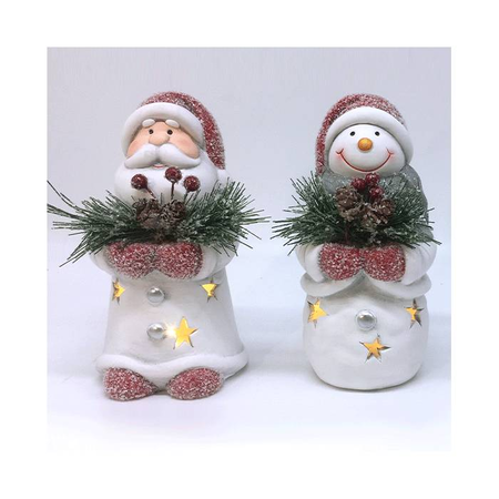 EFO Κεραμικά Αι Βασίλης Και Χιονάνθρωπος Με Κουκουνάρια Φως LED 9.3x9x16.5cm Σετ 2 Τεμάχια