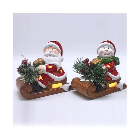 EFO Κεραμικά Αι Βασίλης Και Χιονάνθρωπος Σε Έλκηθρο Φως LED 12.6x8.5x11.5cm Σετ 2 Τεμάχια