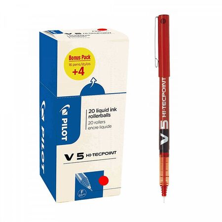 Στυλό 0.5mm PILOT HI-TECPOINT V5 Κόκκινο, σε Κουτί 20τμχ