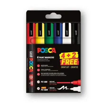 Uni Μαρκαδόροι Ζωγραφικής Posca Σετ PC-5M 4 Paint Markers + 2 PC-5BR Brush Markers