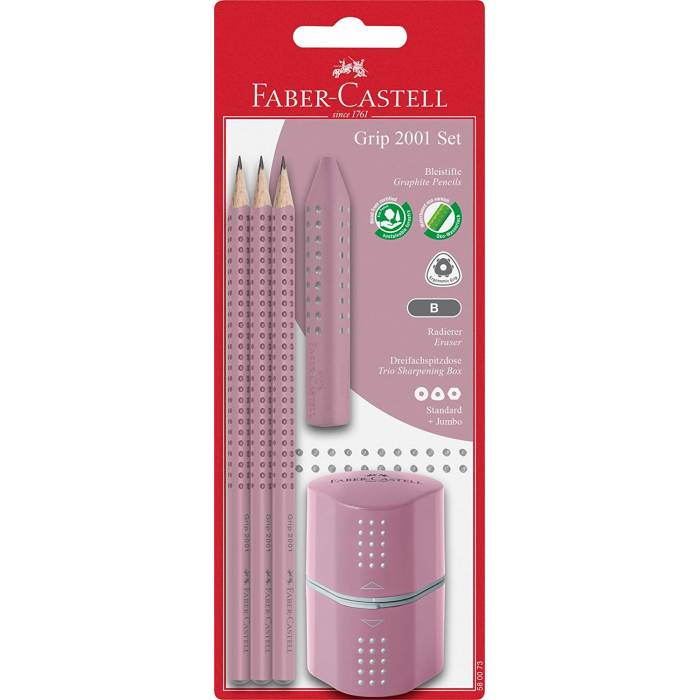 Faber Castell Σετ 3 Μολύβια Grip Pink Shadow & Ξύστρα Grip & Γόμα Grip