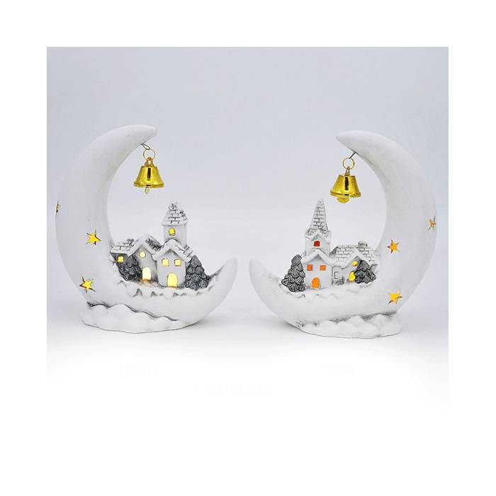 EFO Κεραμικά Φεγγάρι Με Σπιτάκι Φως LED 15.8x6.6x16.6cm Σετ 2 Τεμάχια