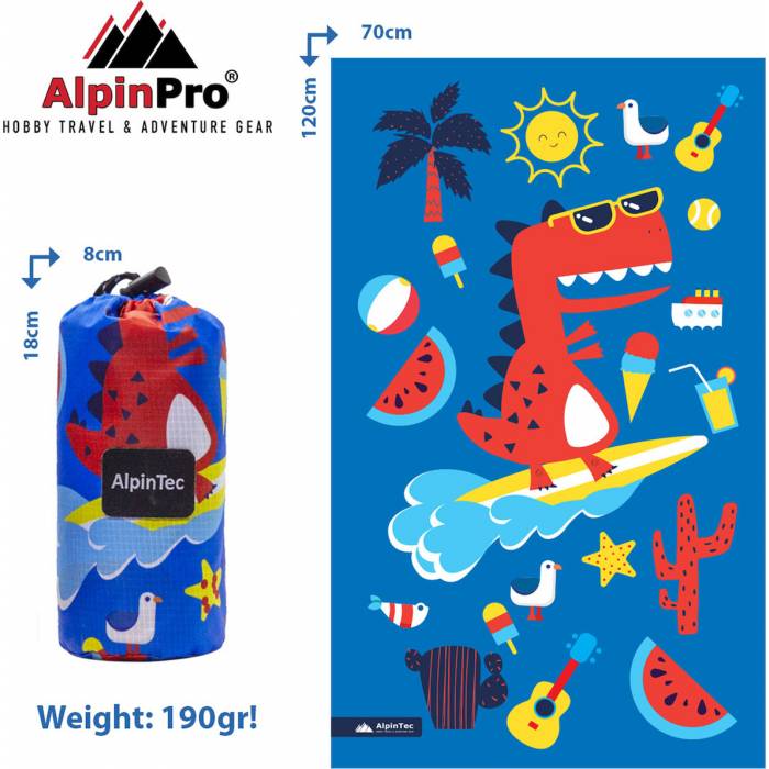 AlpinTec Πετσέτα Παιδική Dryfast Shapes Microfiber Μπλε Surfing Dino 120x70cm