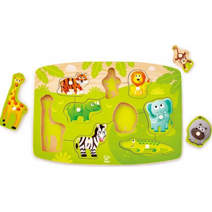 Hape Happy Puzzles Jungle Peg Puzzle Πολύχρωμο Παζλ Με Τα Ζώα Της Ζούγκλας E1405A