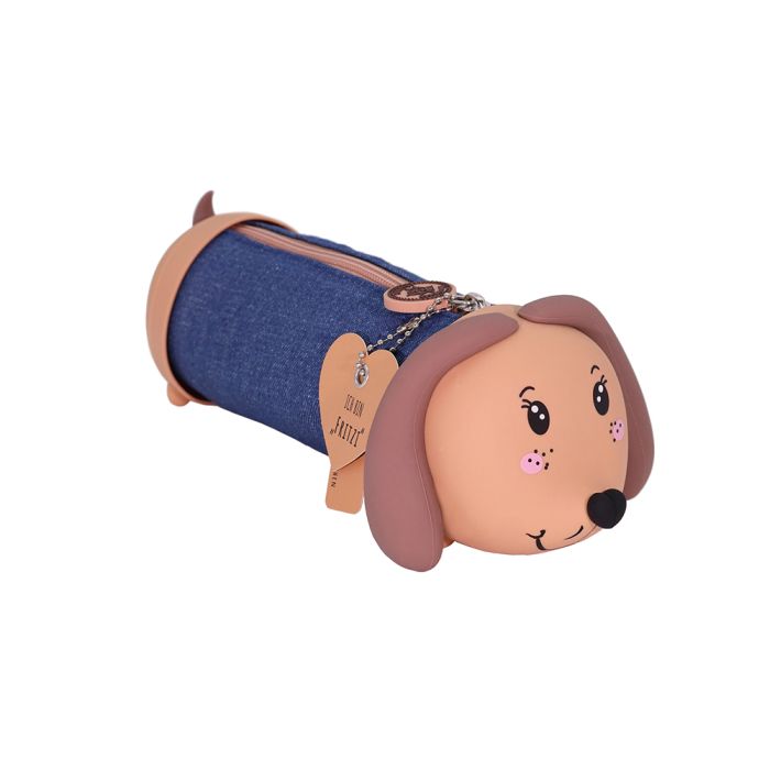 Lulubug Handmade Κασετίνα Βαρελάκι Κύλινδρος Σιλικόνης Μολυβοθήκη Jean Denim Fritzi The Dachsund