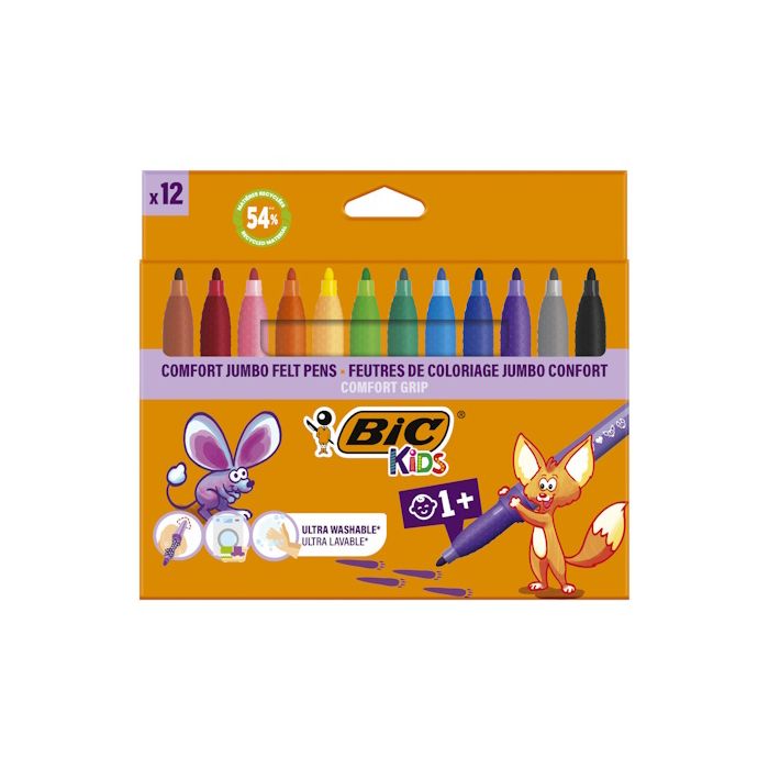 BIC Μαρκαδόροι Πλενόμενοι Ζωγραφικής Jumbo Flamastry Kids Comfort Grip 12 Τεμ.