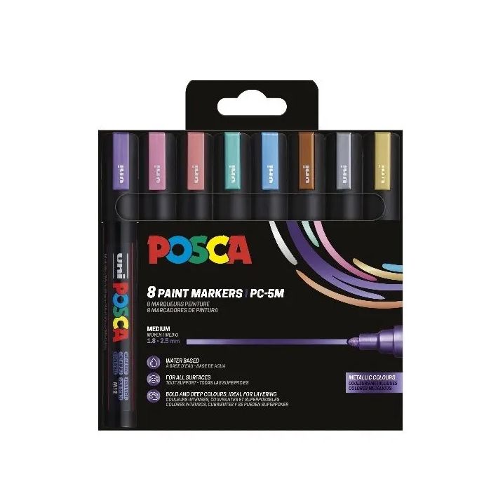 Uni Μαρκαδόροι Ζωγραφικής Posca Σετ PC-5M 8 Metallic Markers