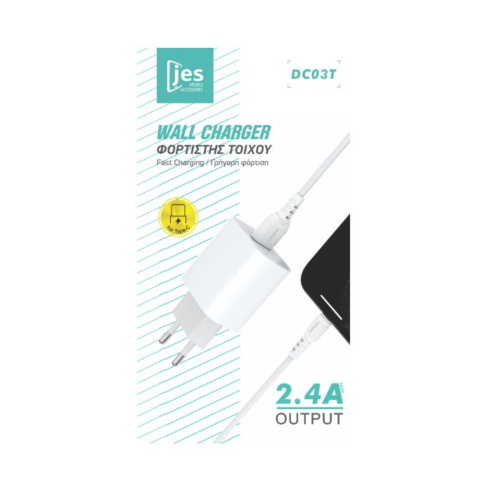 Jes Φορτιστής Ταξιδίου DC03T 2.4A EU Με Καλώδιο Type-C White